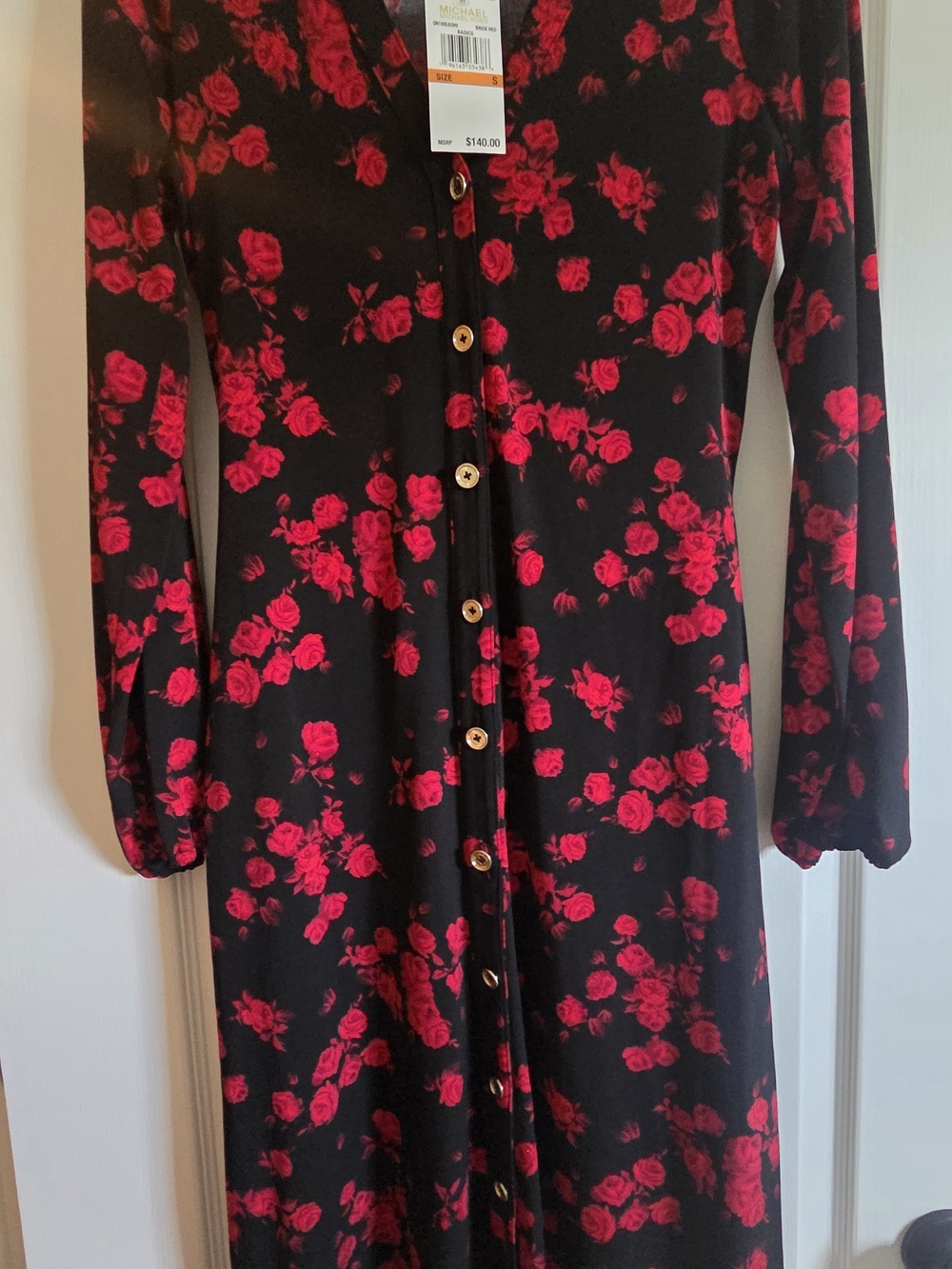 Michael Kors Black Dress with Red Rose Print and Button Front